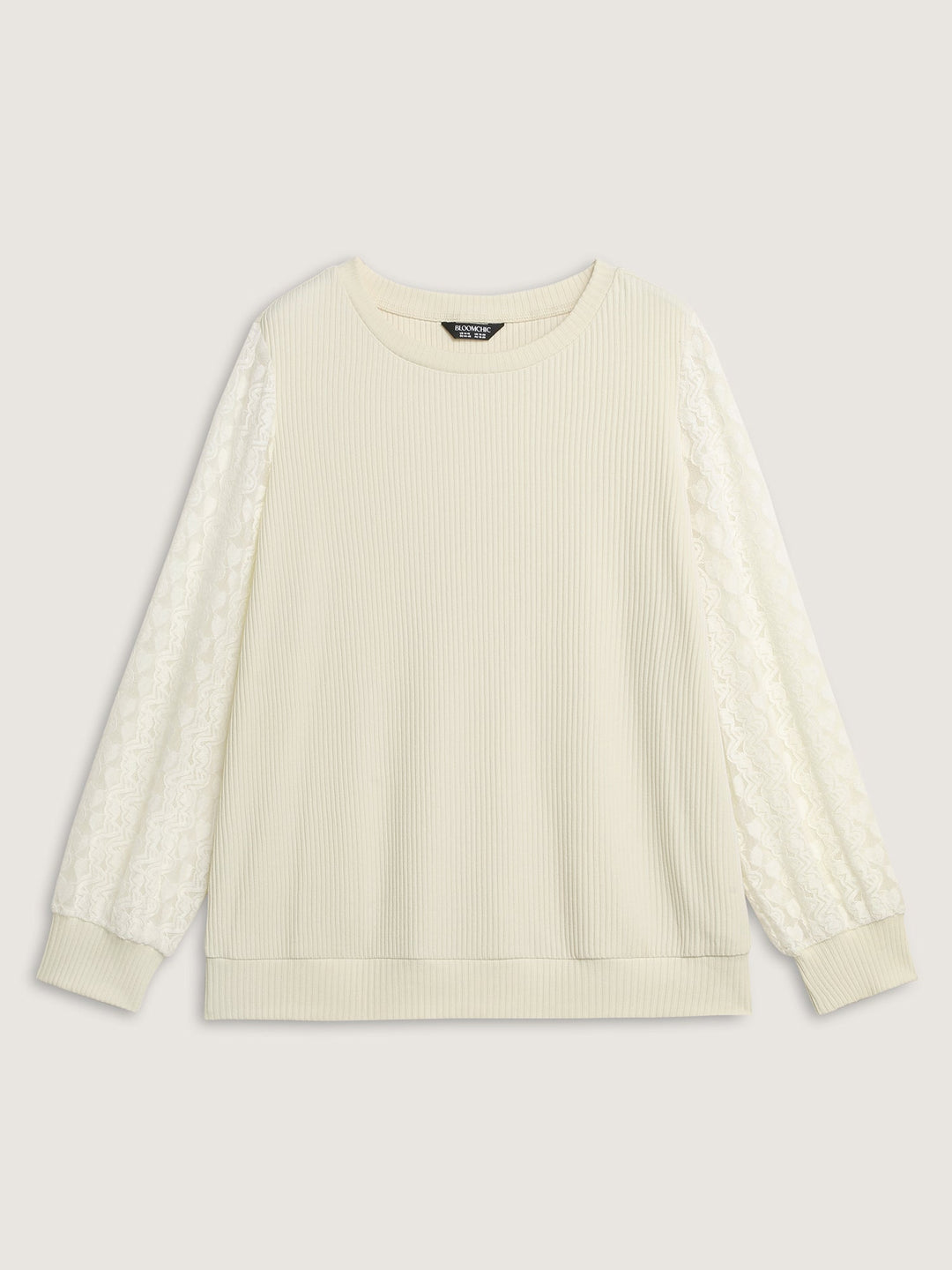 Lace Contrast Sleeve Ribbed Sweatshirt