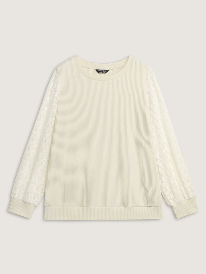 Lace Contrast Sleeve Ribbed Sweatshirt