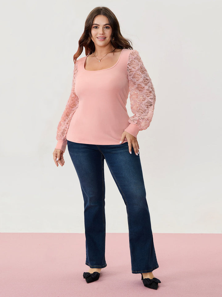 Lace Sleeve 3D Floral Knit Top