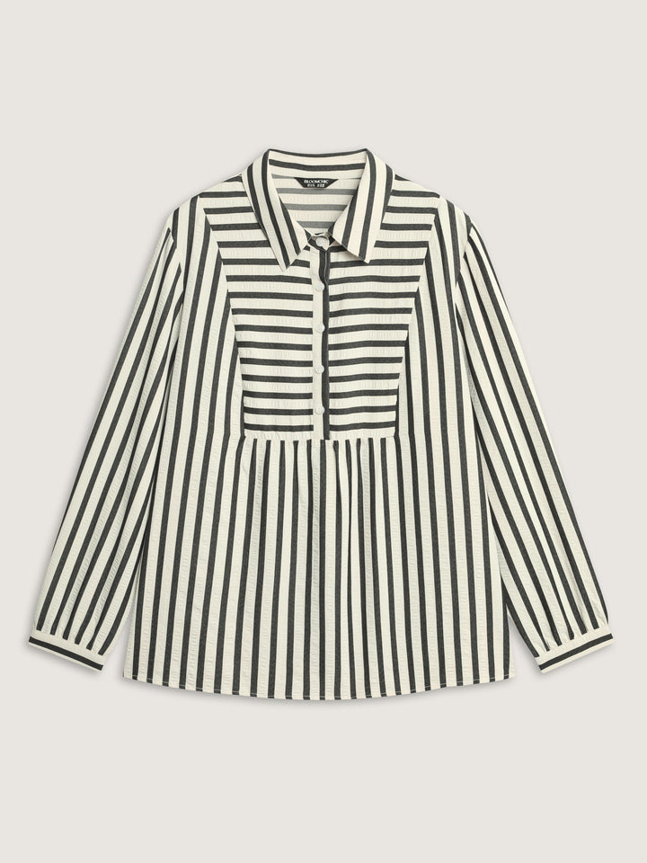 Striped Collar Textured Half-Placket Blouse