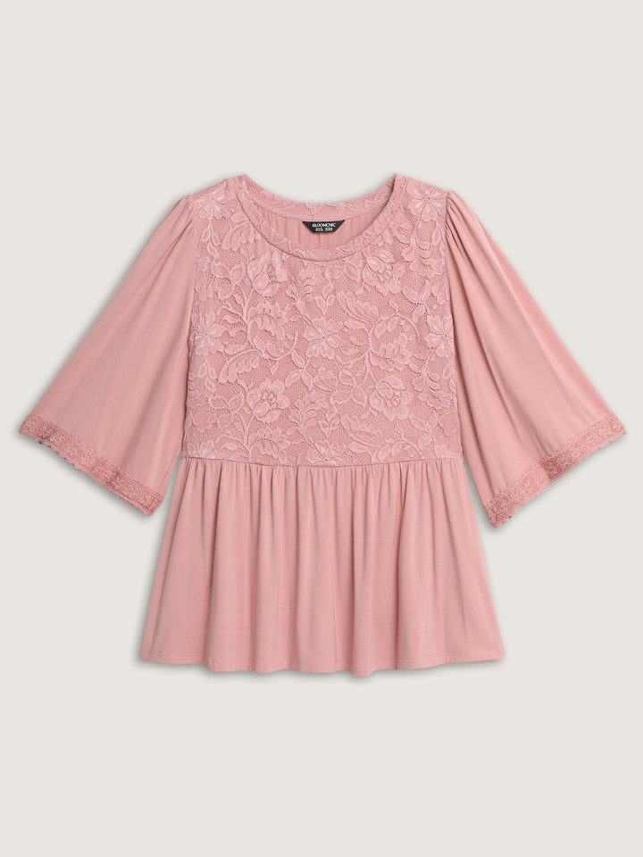 Lace Trim Cinched-Flared Knit Top