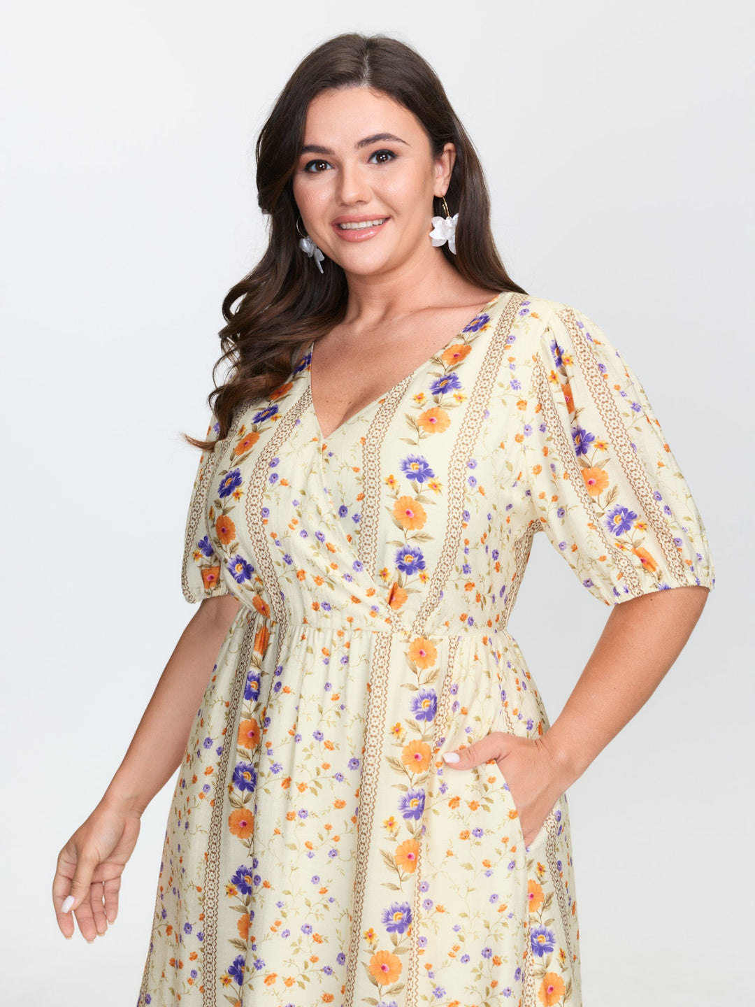 Floral Print Surplice Neck Tie Midi Dress