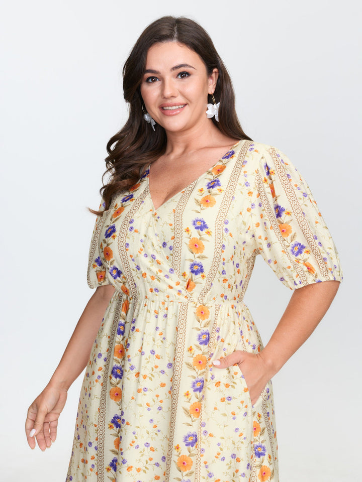 Floral Print Surplice Neck Tie Midi Dress