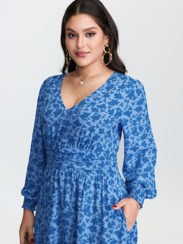 Floral Pleated Waist Button Ruffled Midi Dress