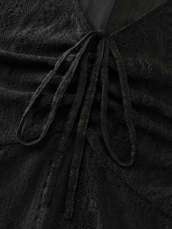 Lace Ruched Drawstring Neckline Knit Top