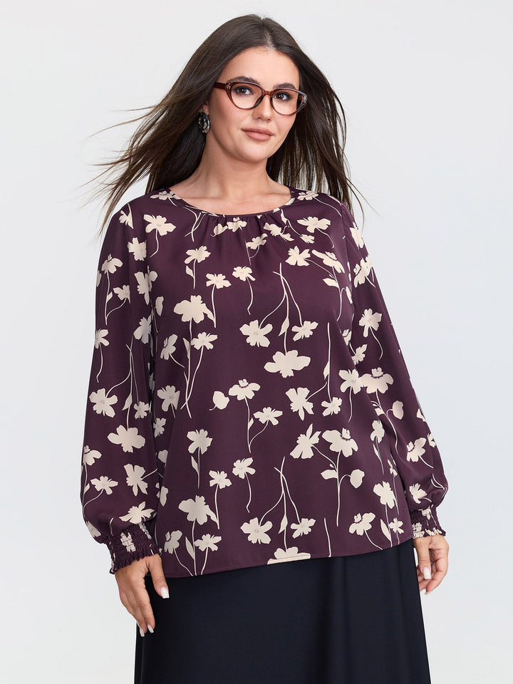 Floral Print Shirred Cuff Sleeve Blouse