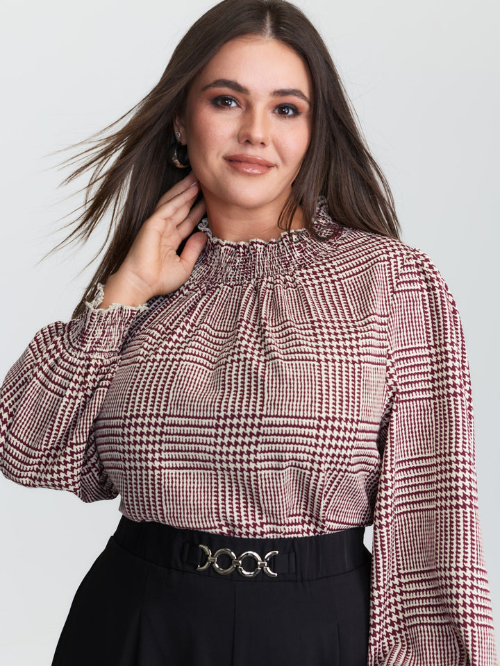Houndstooth Pattern Ruffled Collar Blouse
