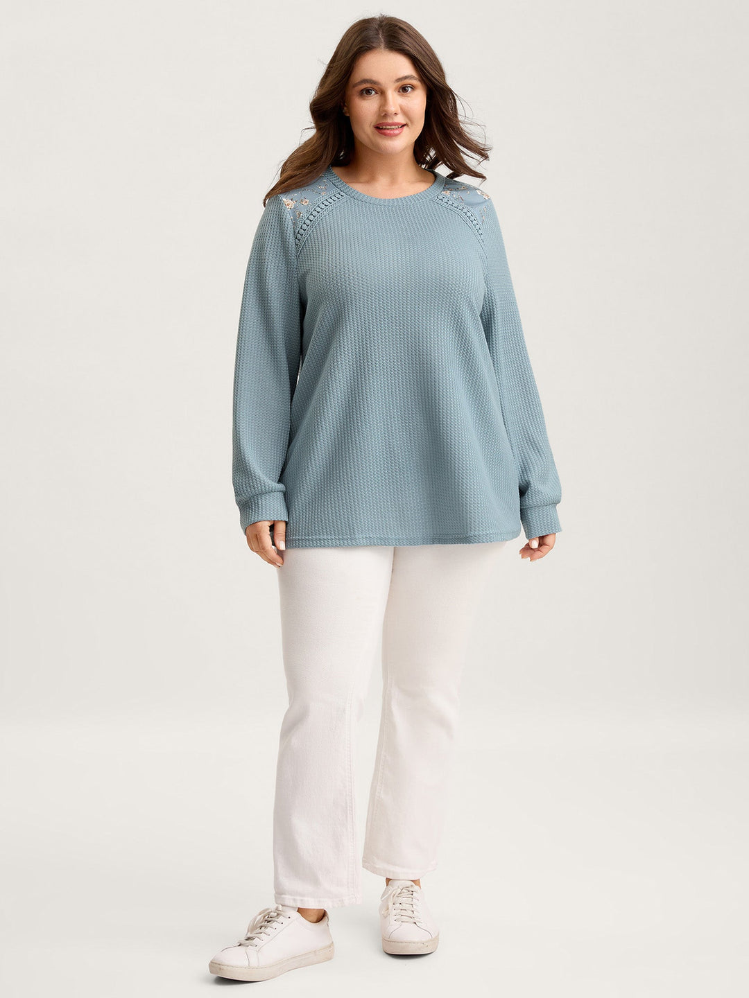 Waffle Spliced Floral Lace Sweatshirt