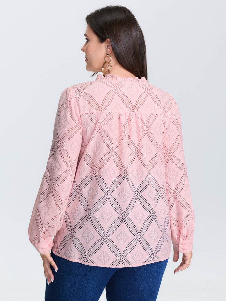 Geometric Texture Lace Trim Blouse