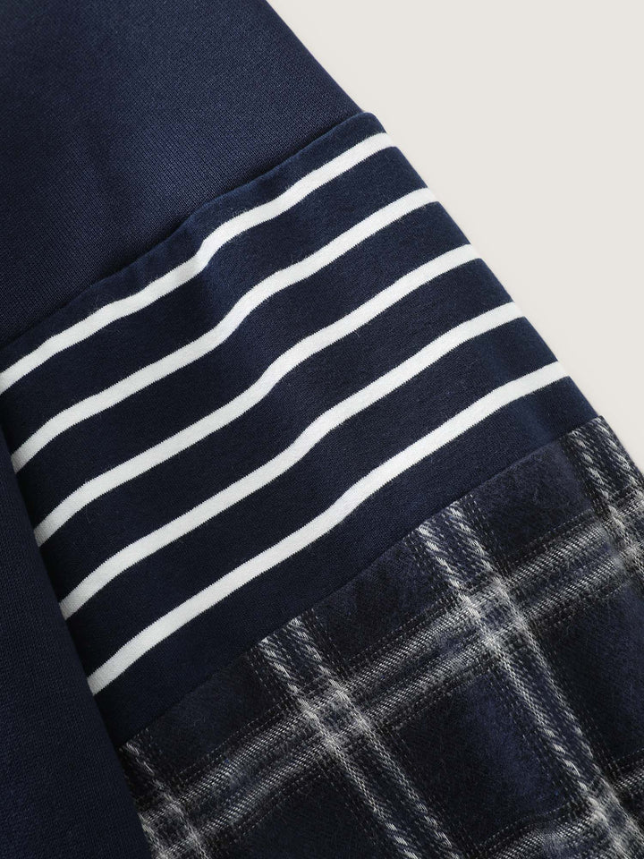Striped Plaid Split Neckline Sweatshirt
