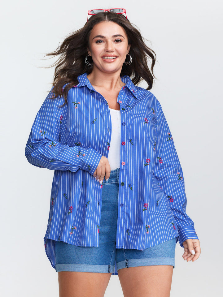 Floral Embroidered Striped Button-Down Shirt