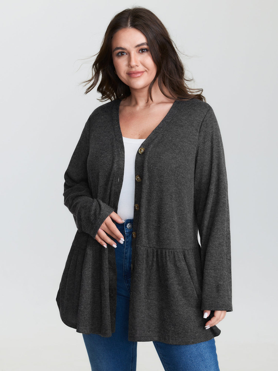 Textured Ruffled Hem Button Blouse