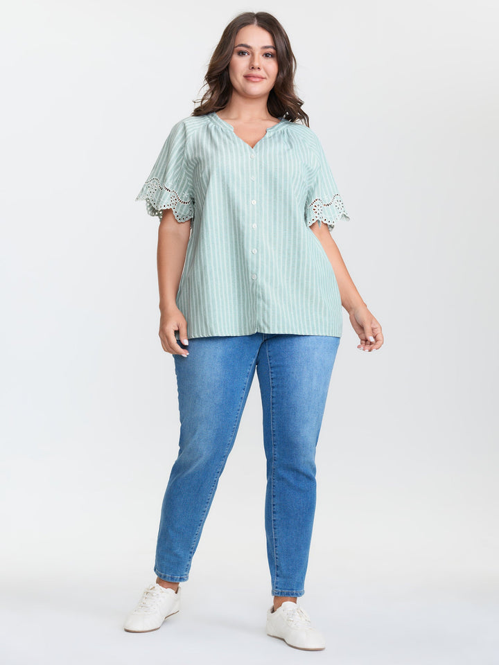 Striped Cut-Out Embroidery Blouse