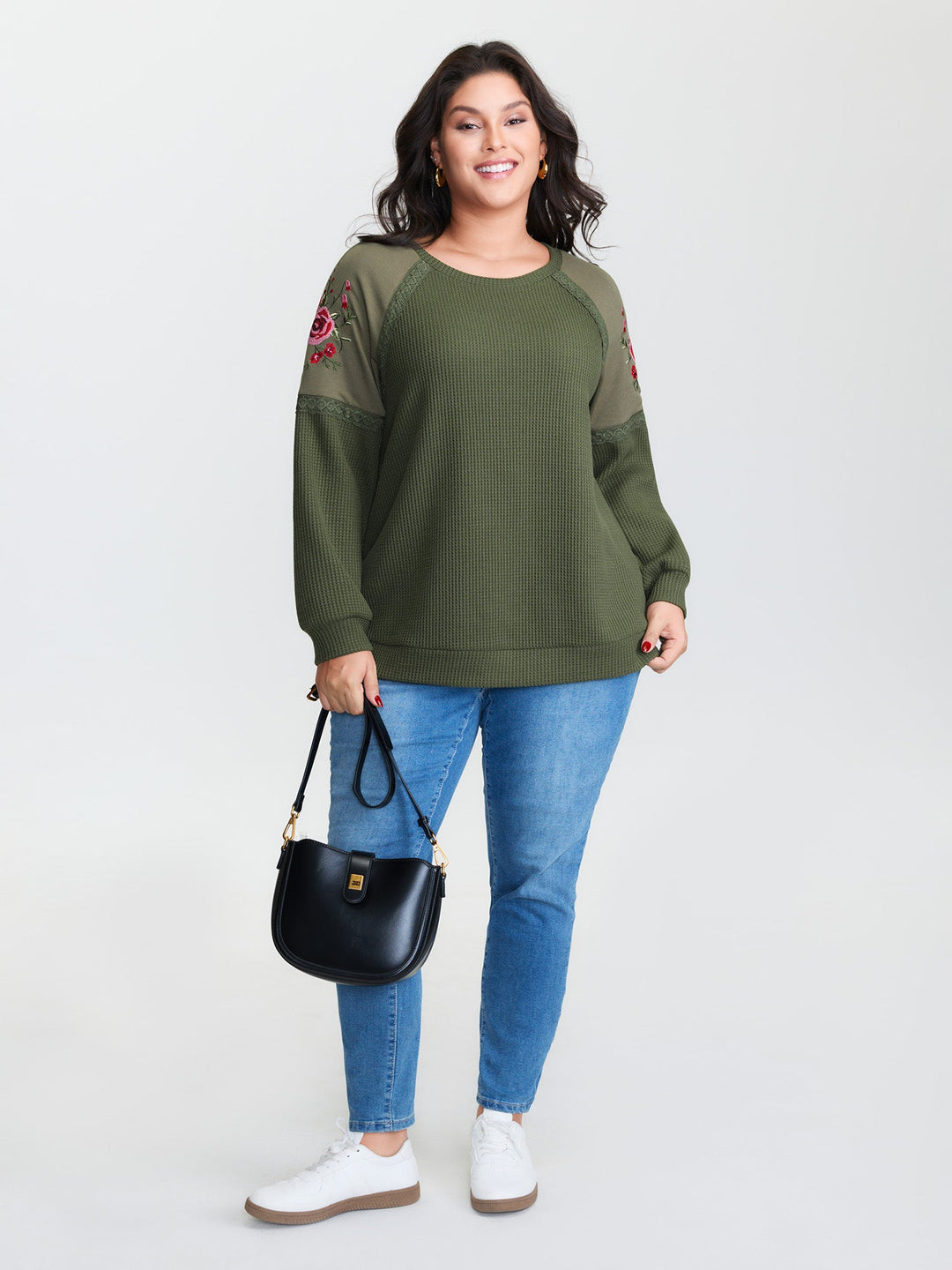 Crossstich Lace Trim Floral Embroidery Sweatshirt