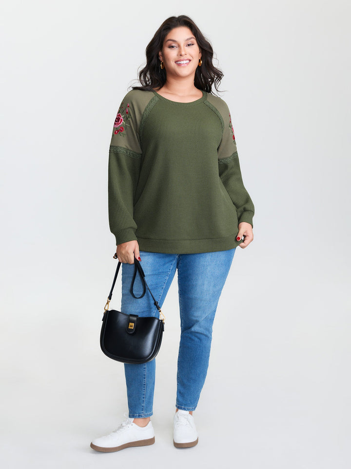 Crossstich Lace Trim Floral Embroidery Sweatshirt