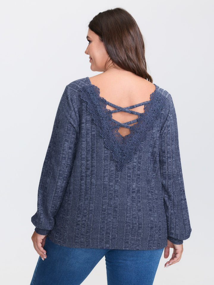Textured Lace Trim Cut-Out Back Sweatshirt