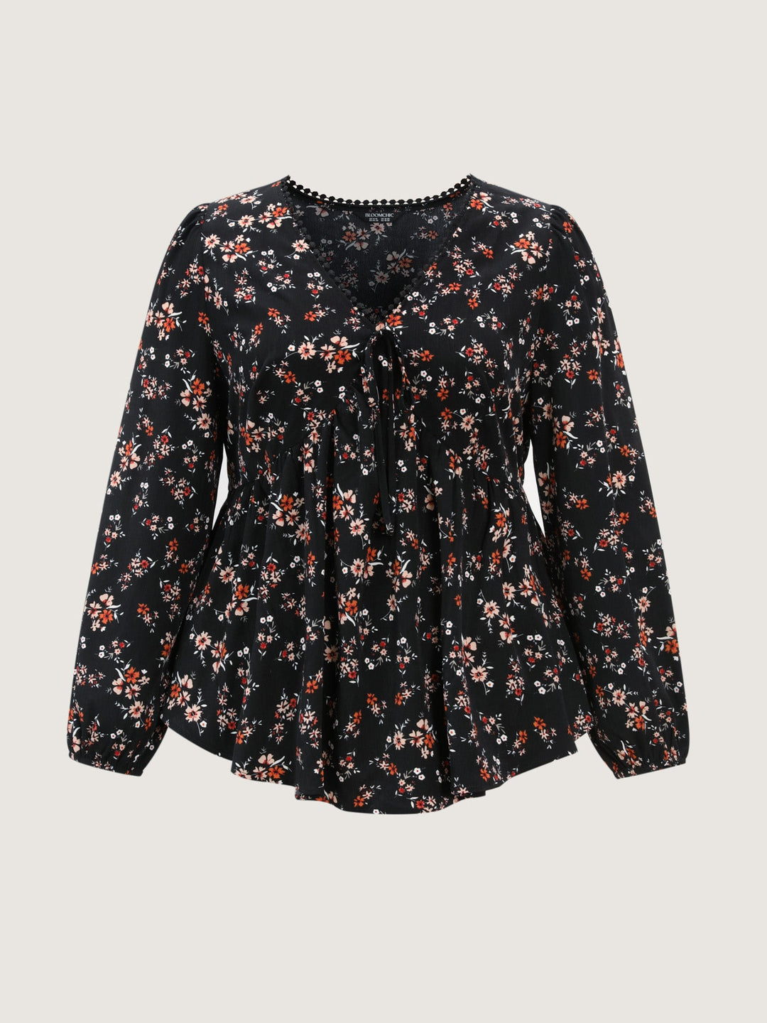 Floral Print Lace Cinched-Flared Blouse