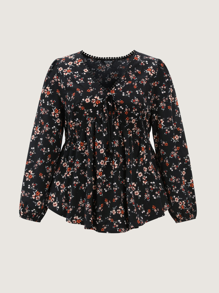Floral Print Lace Cinched-Flared Blouse