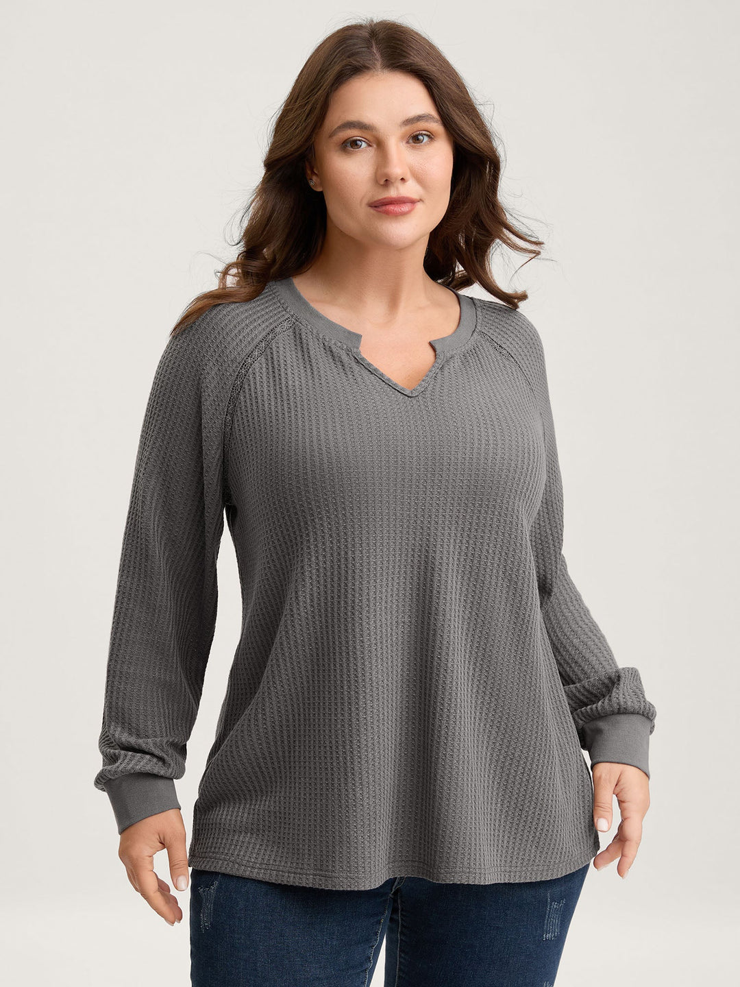 Waffle Grid Notched Collar Lace Sweatshirt