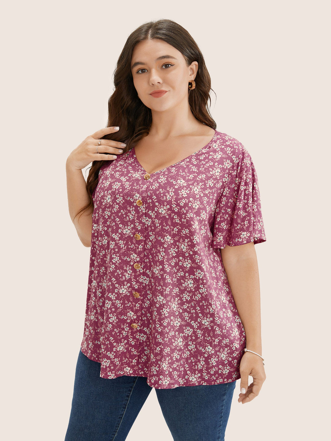 Ditsy Floral Contrast Ruffle Sleeve Button Detail Blouse