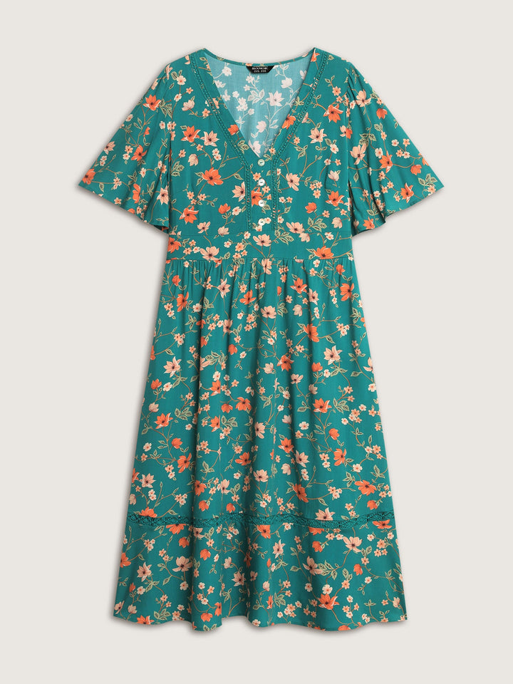 Floral Fun Lace Trim Shirred Midi Dress