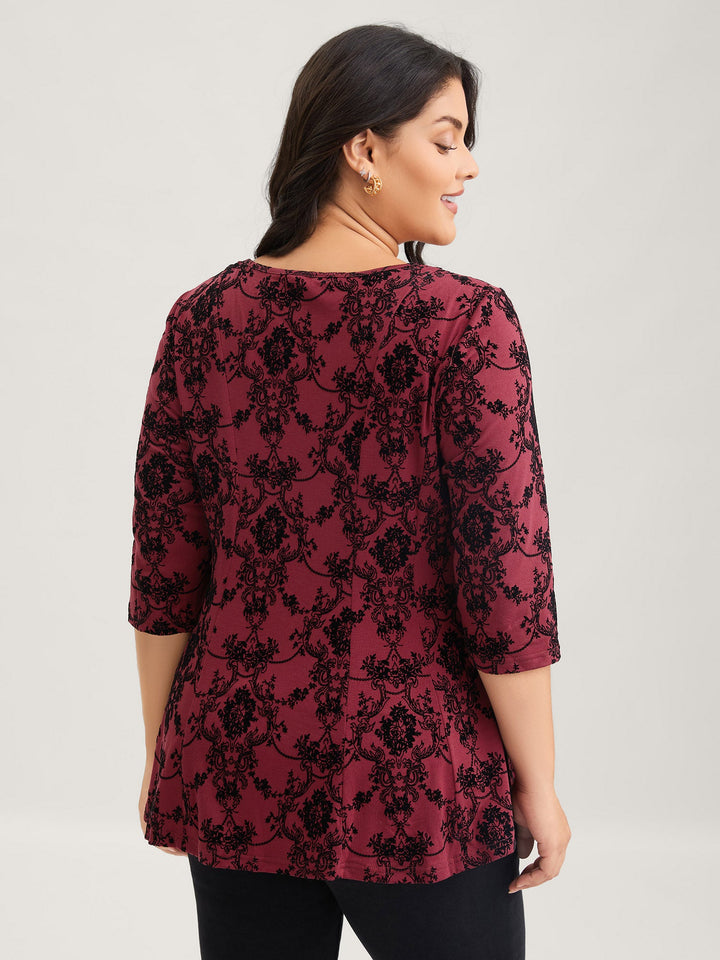 Boho Print Flocking Knit Slim-Fit Top