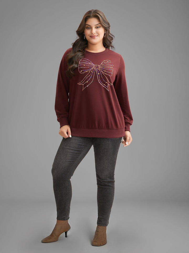 Rhinestone Embellished Bow Straight-Fit Sweatshirt