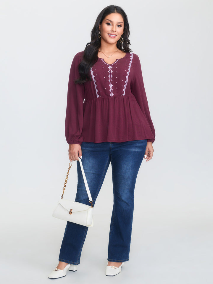Geometric Print Cinched Flared Blouse