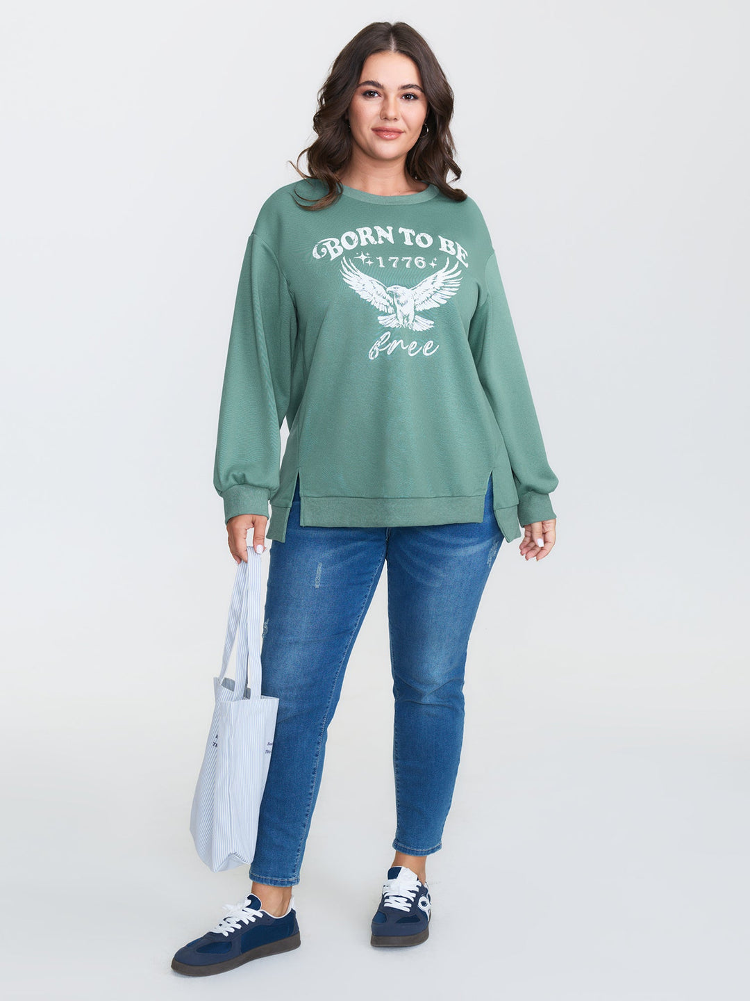 Printed Slogan Slit Sides Ribbed Sweatshirt