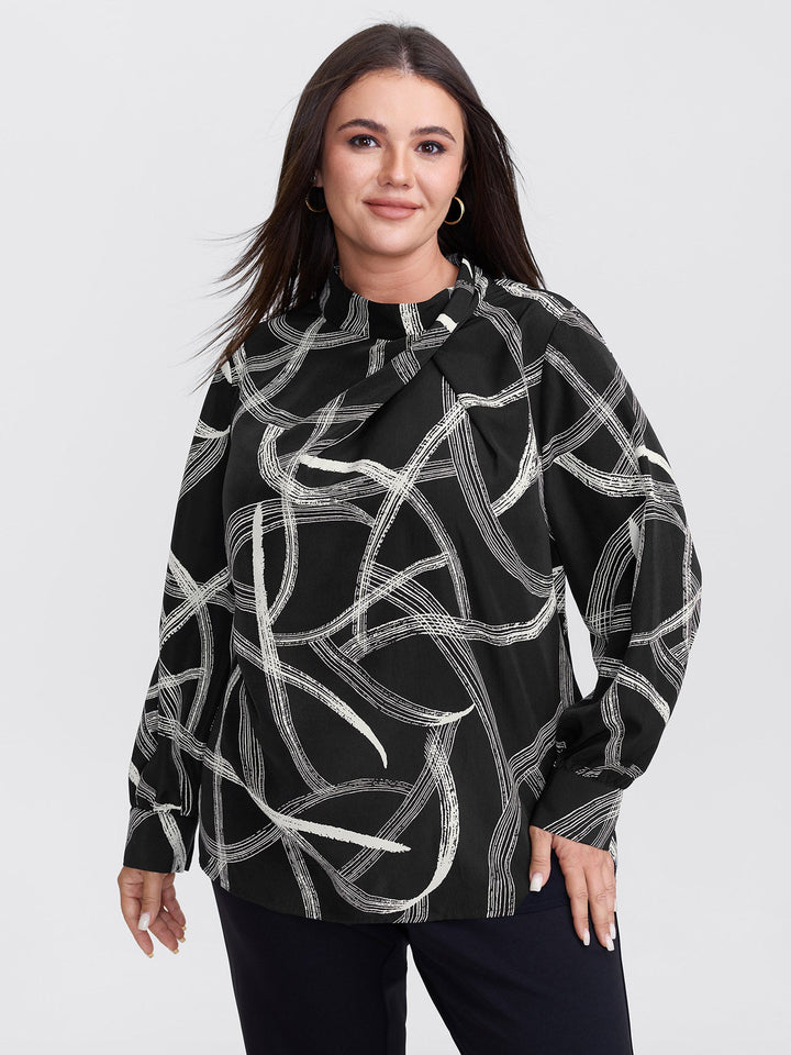 Abstract Print Drape Neckline Blouse