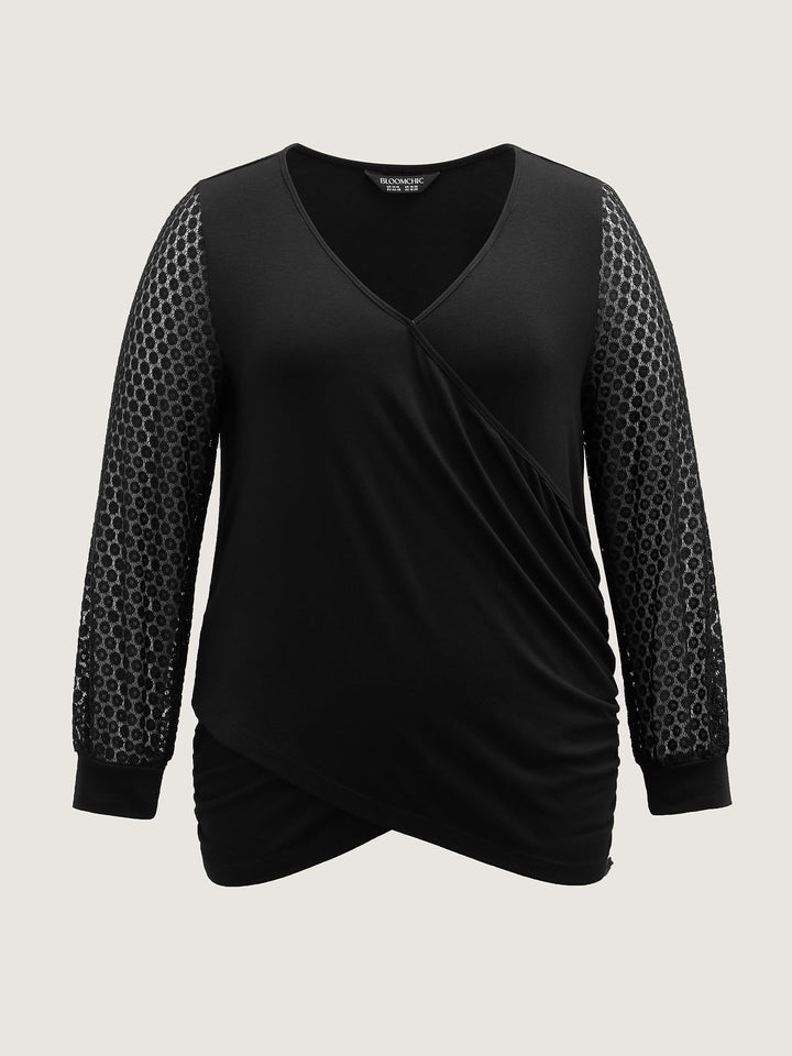 Crossover Draped Lace Sheer Sleeve Knit Top