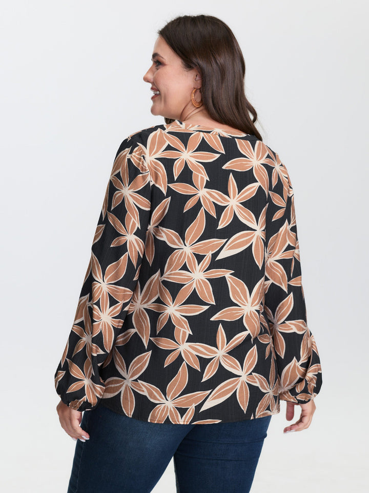 Large Floral Print Notched Collar Blouse