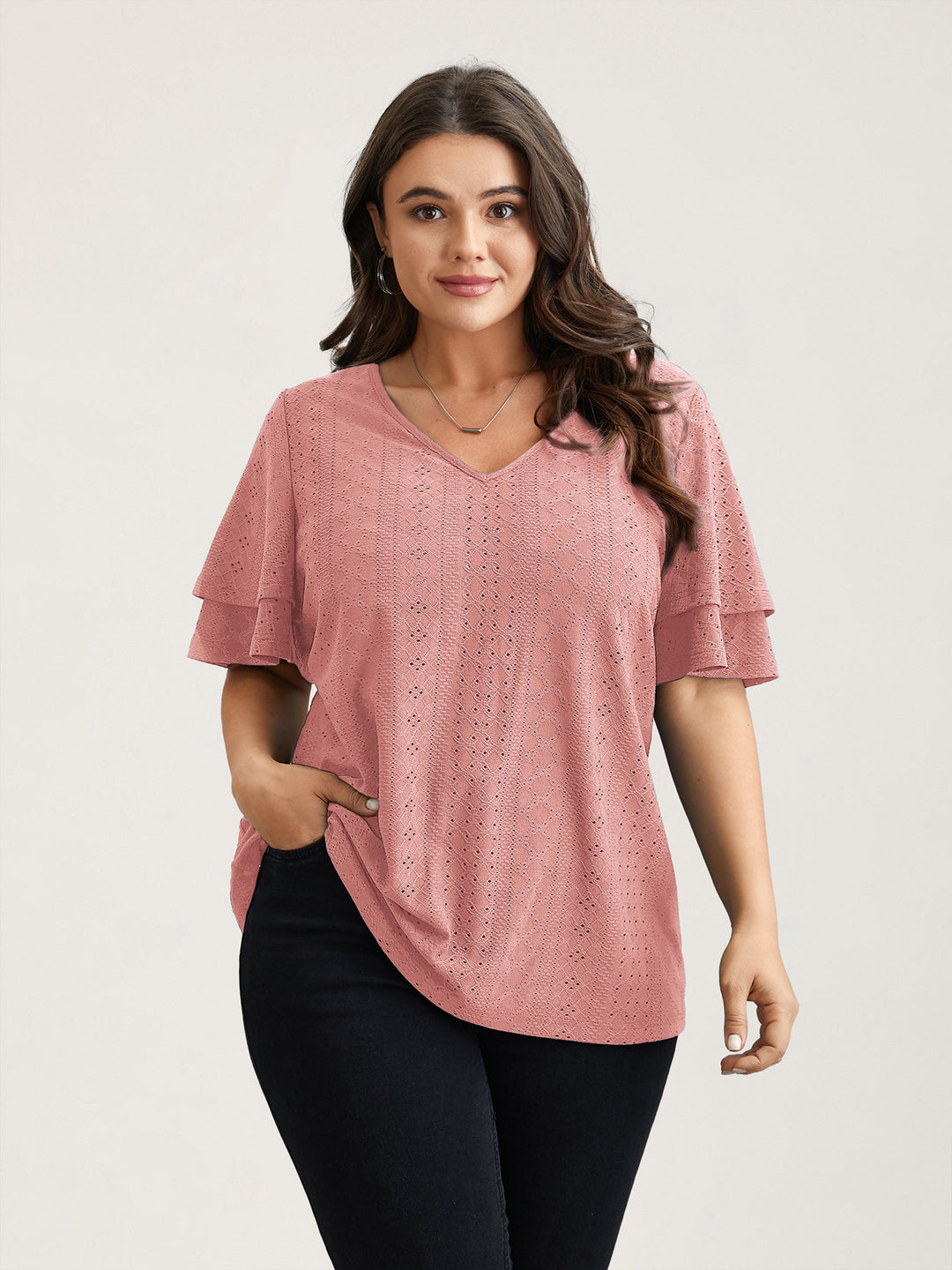 Jacquard Textured Lotus Leaf Sleeve Top