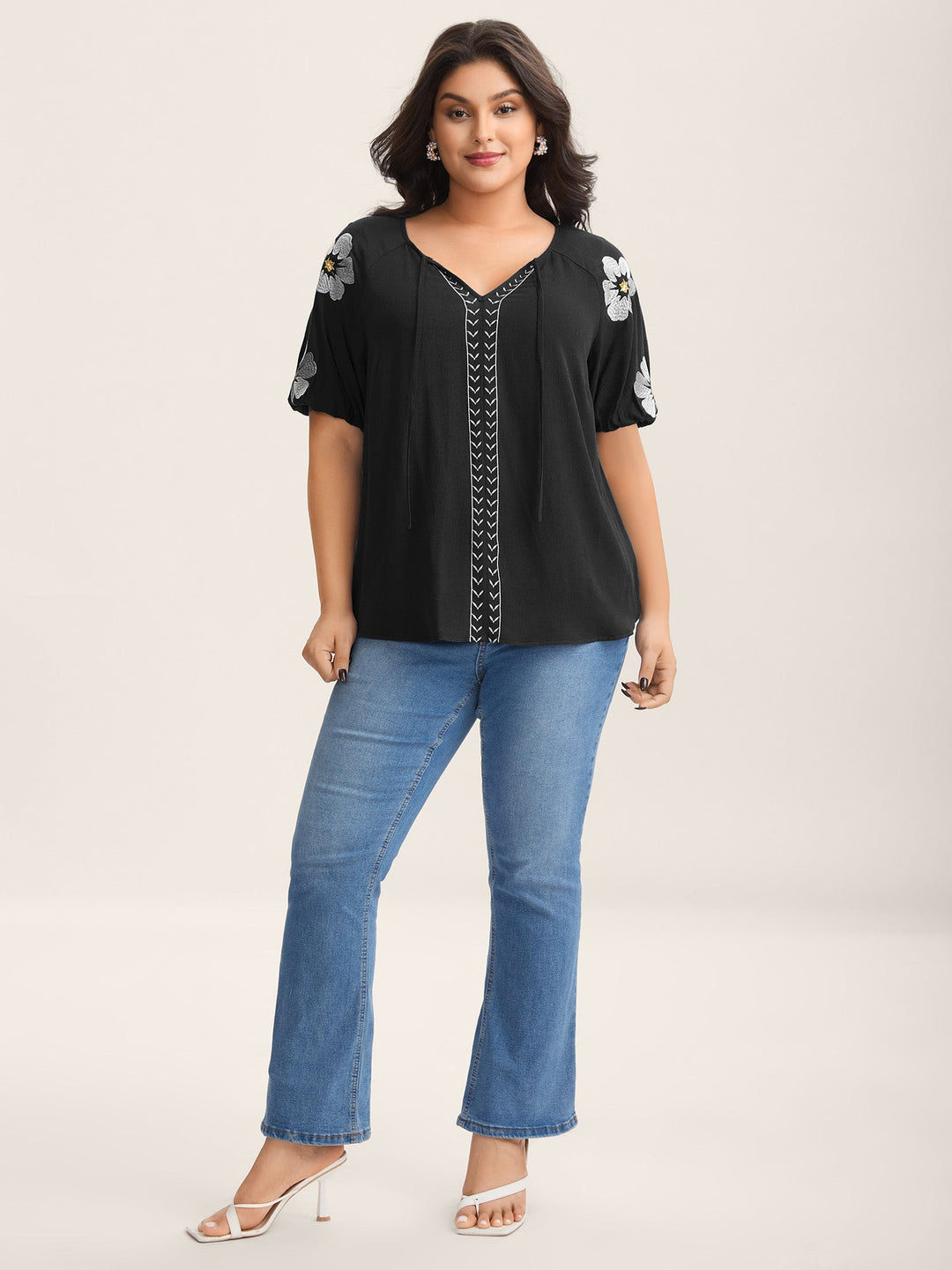 Floral Embroidery Textured Neck Tie Blouse