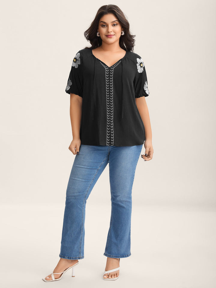 Floral Embroidery Textured Neck Tie Blouse