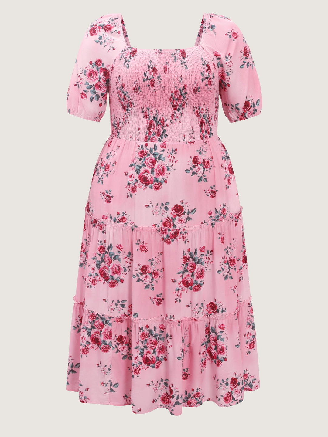 Rose Print Stretchy Waist Shirred Midi Dress