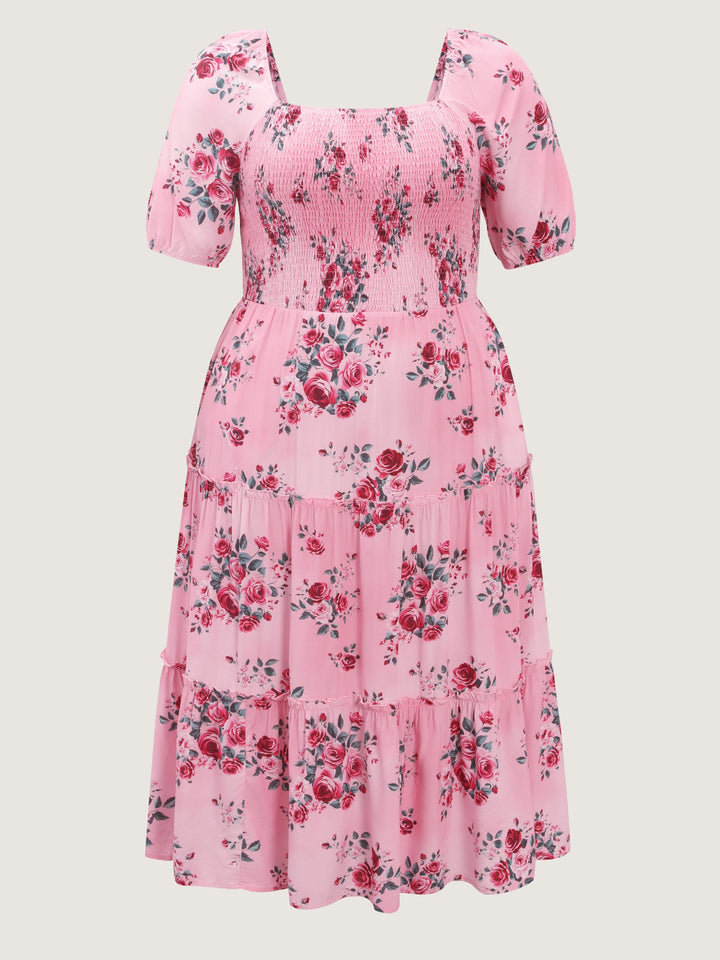 Rose Print Stretchy Waist Shirred Midi Dress
