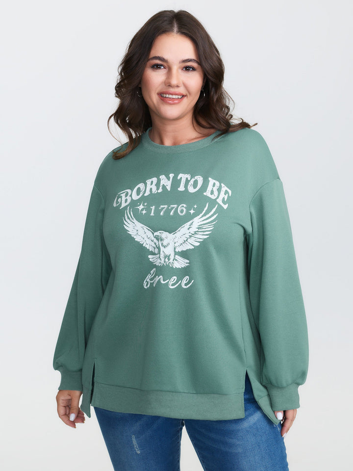 Printed Slogan Slit Sides Ribbed Sweatshirt