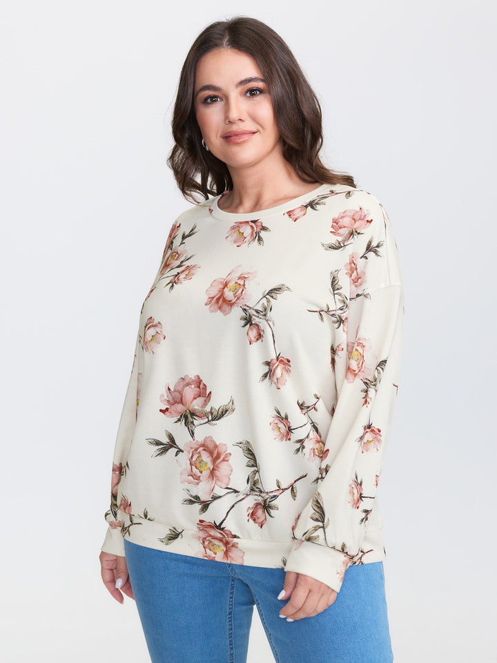 Rose Print Drop Shoulder Sweatshirt