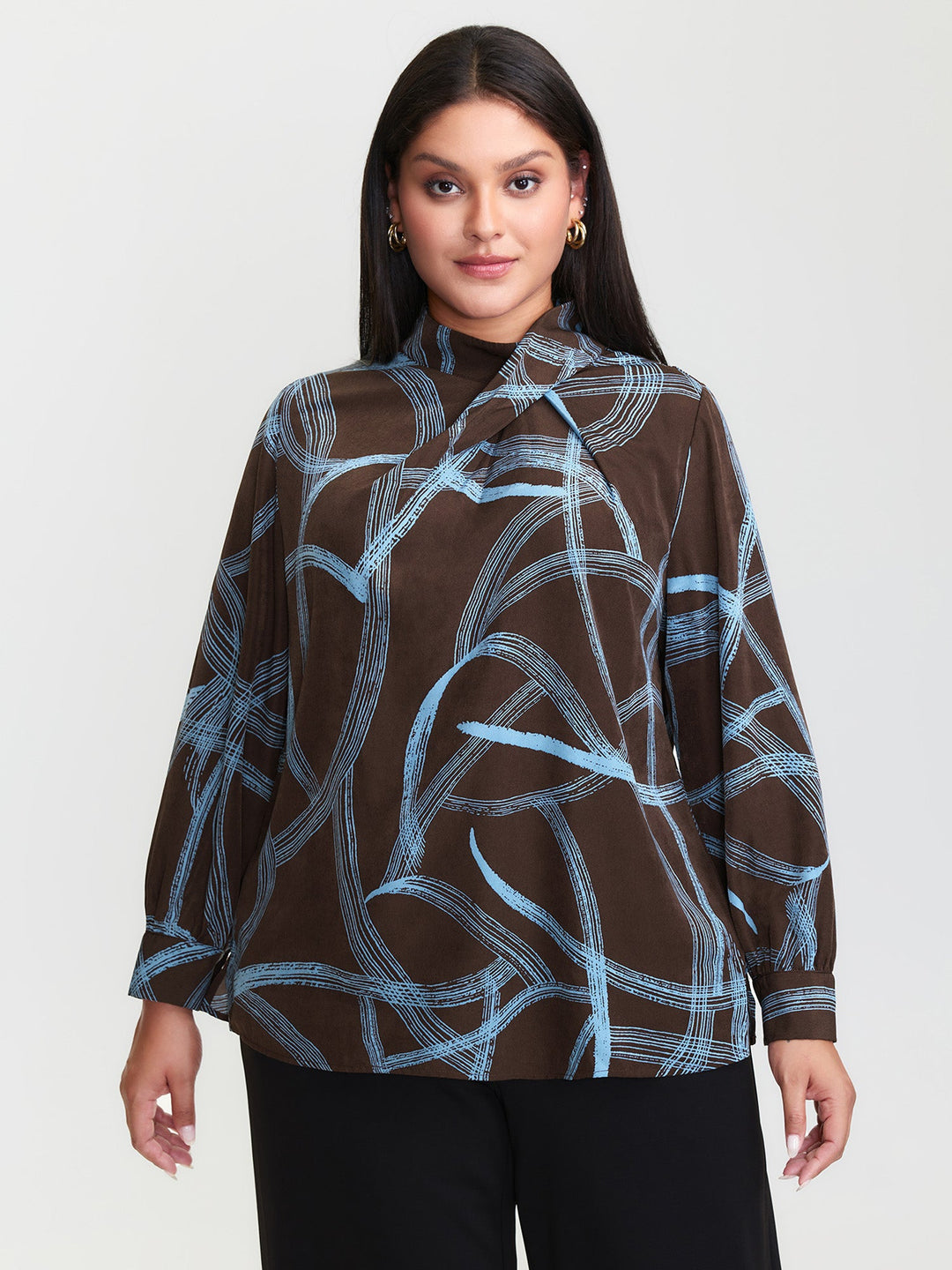Abstract Print Drape Neckline Blouse
