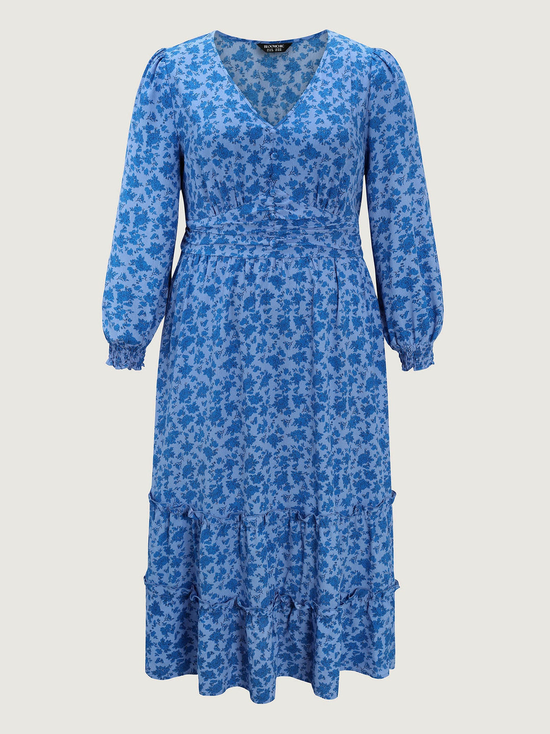 Floral Pleated Waist Button Ruffled Midi Dress