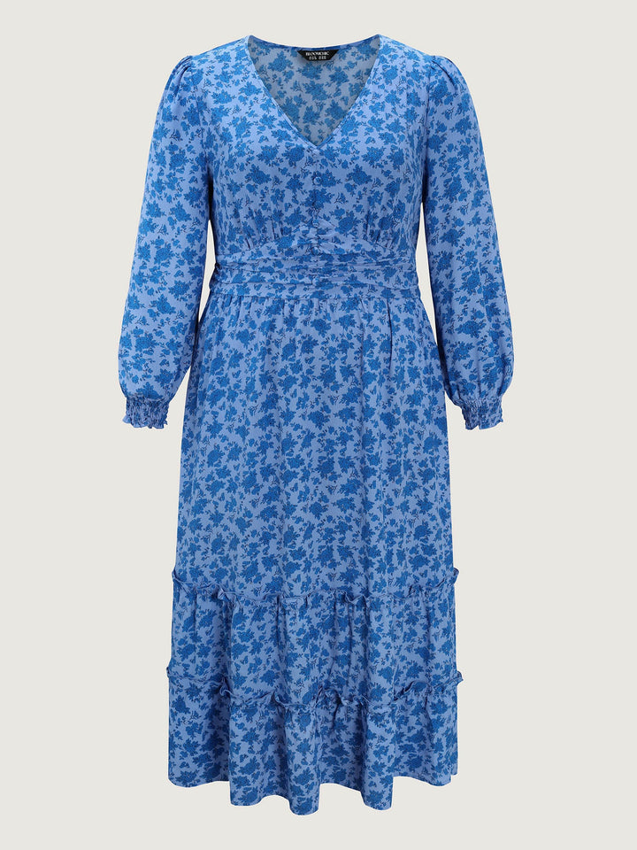 Floral Pleated Waist Button Ruffled Midi Dress