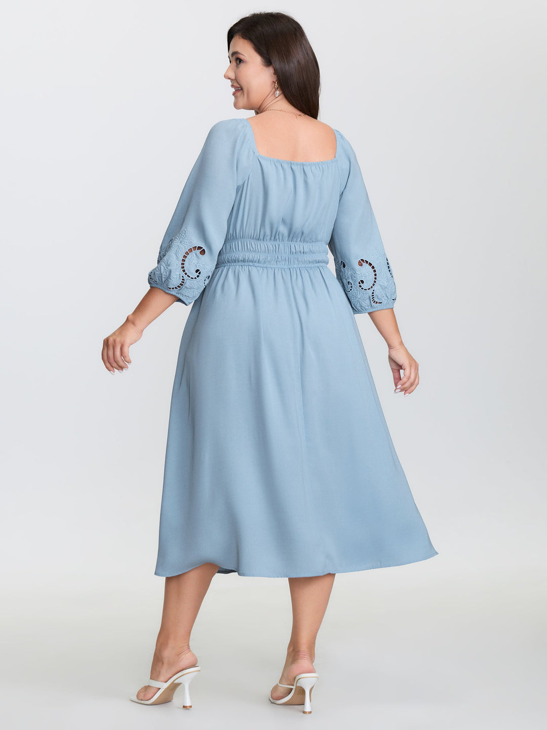 Floral Cut-Out Embroidery Stretchy Waist Midi Dress