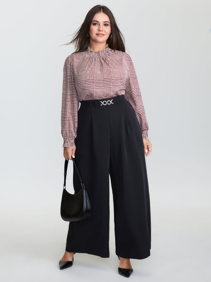 Houndstooth Pattern Ruffled Collar Blouse