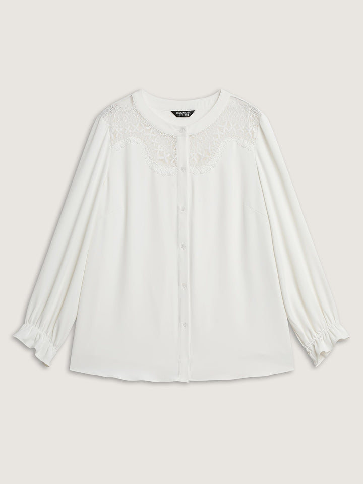 Sheer Neckline Ruffled Cuff Sleeve Blouse