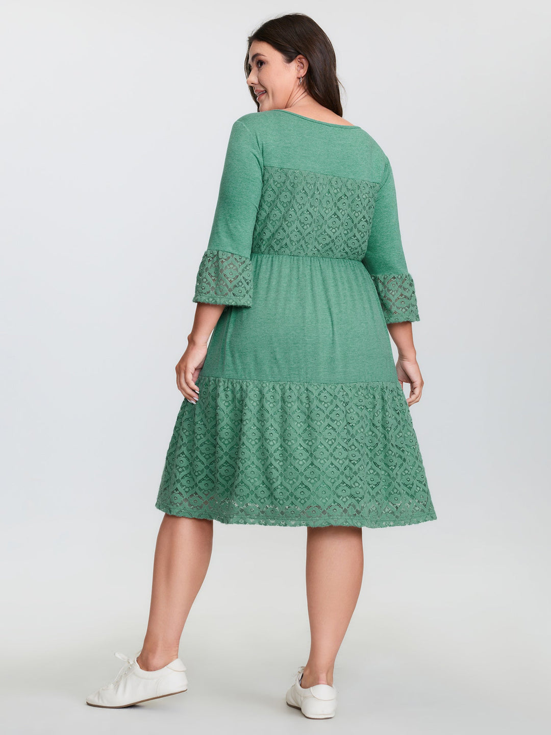 Lace Trim Tiered Sheer Sleeve Midi Dress