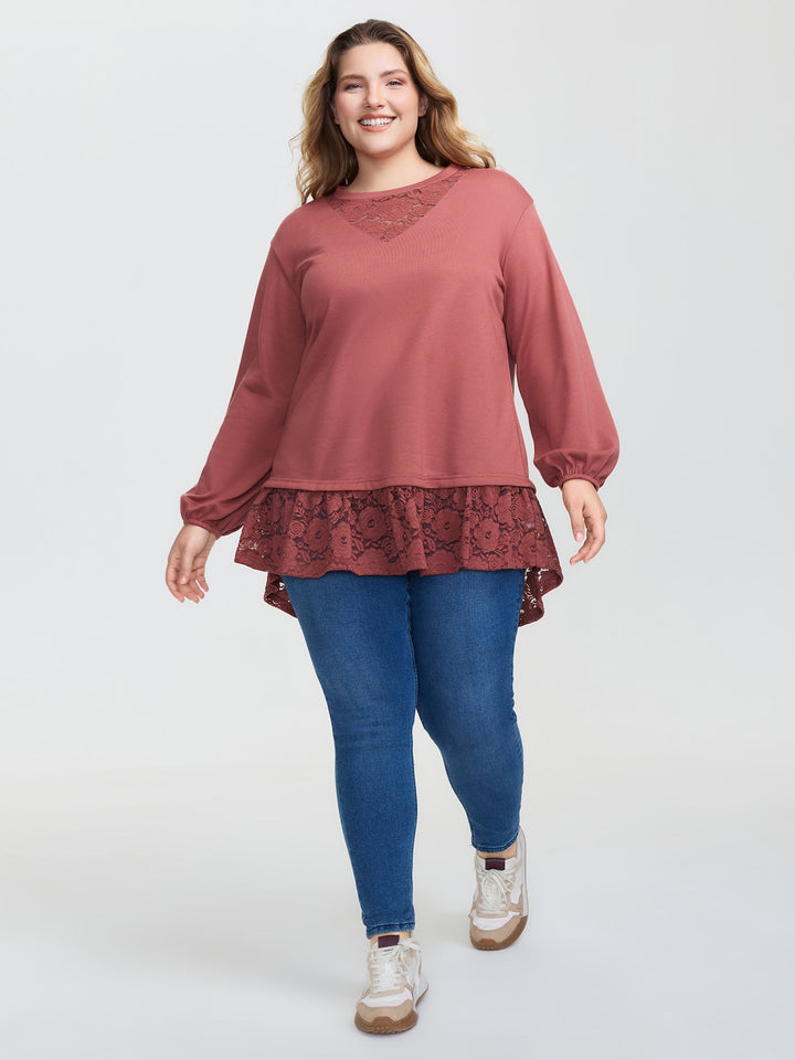 Lace Layered Hem Contrast Sweatshirt