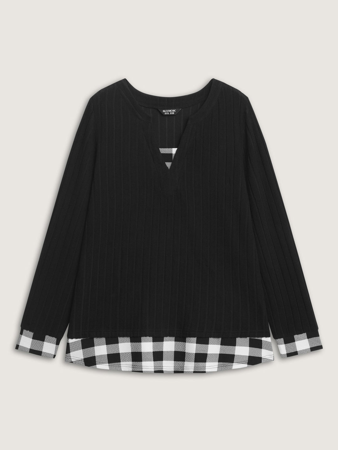 Checkered Notched Collar Contrast Knit Top