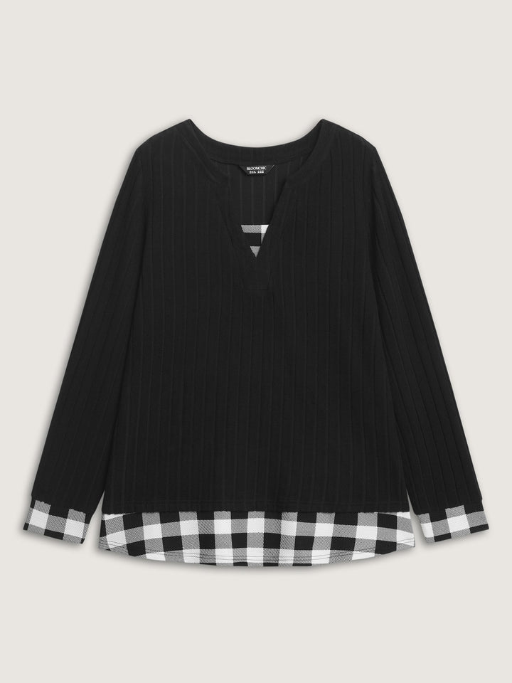Checkered Notched Collar Contrast Knit Top