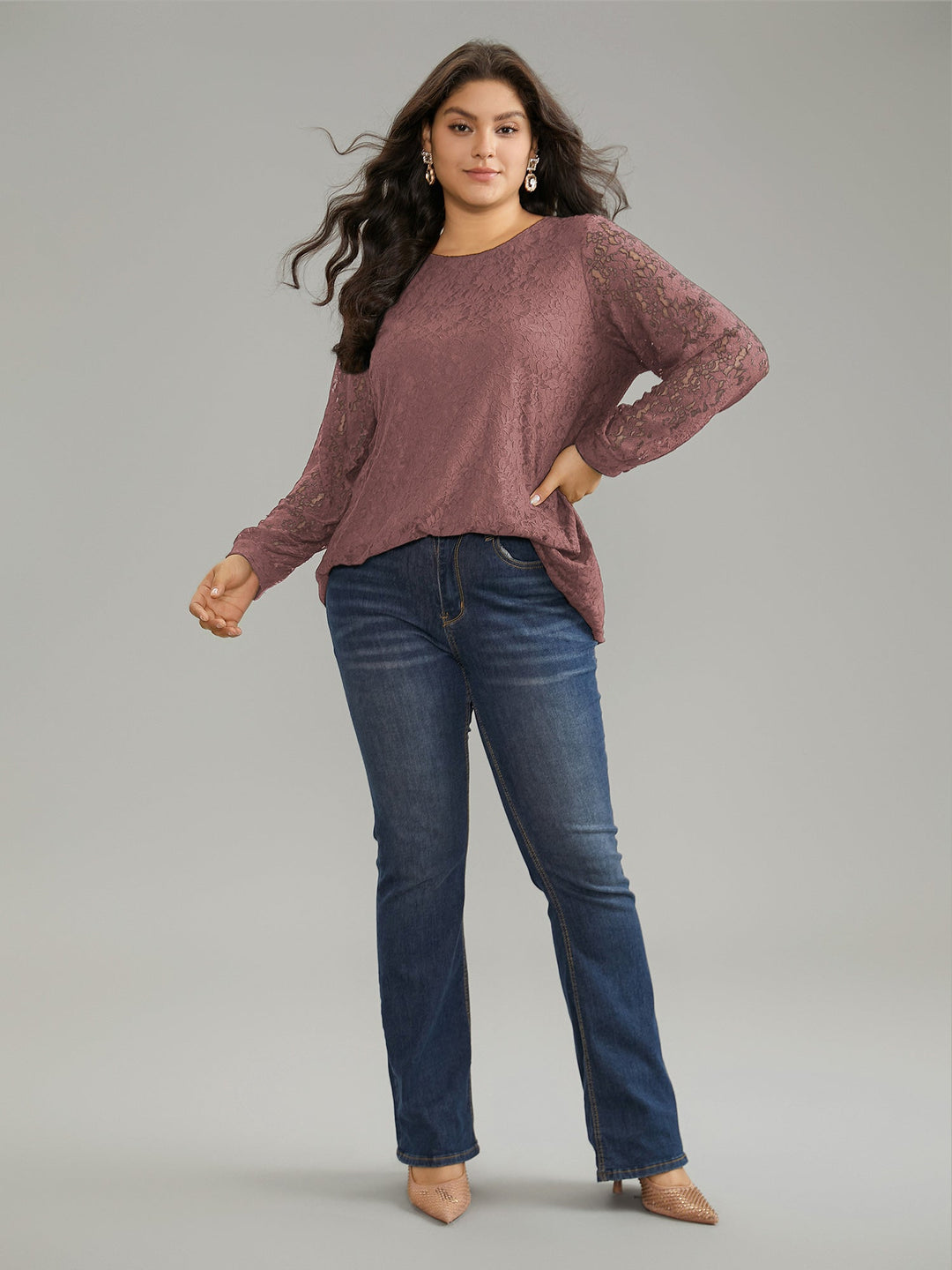 Solid Crochet Lace Mesh Crew Neck Blouse